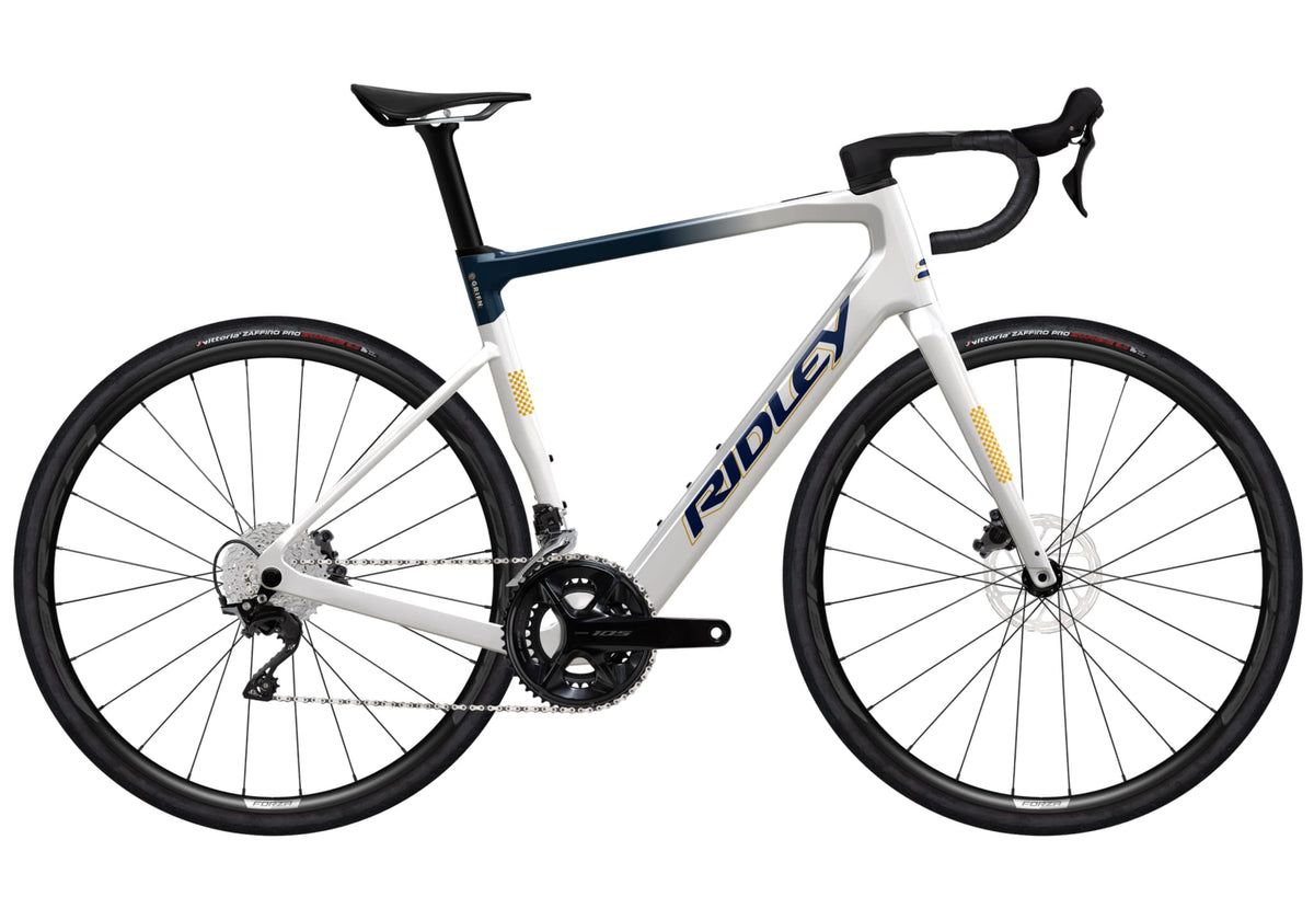 Ridley E-Grifn Road Shimano 105 - 2x12 – Pearl White / Jeans Blue Metallic / Honey Gold