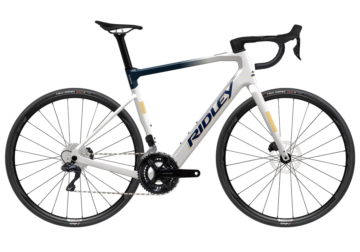 Ridley E-Grifn Road Shimano 105 DI2 2x12 – Pearl White / Jeans Blue Metallic / Honey Gold