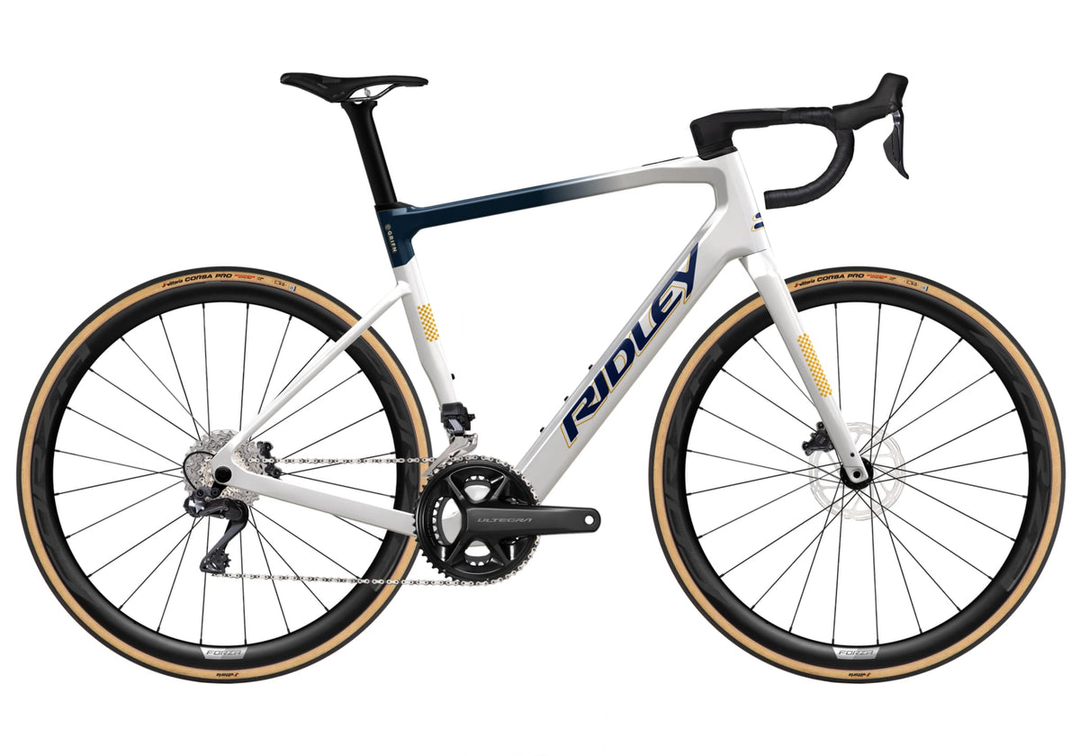 Ridley E-Grifn Road Shimano Ultegra DI2 2x12 – Pearl White / Jeans Blue Metallic / Honey Gold