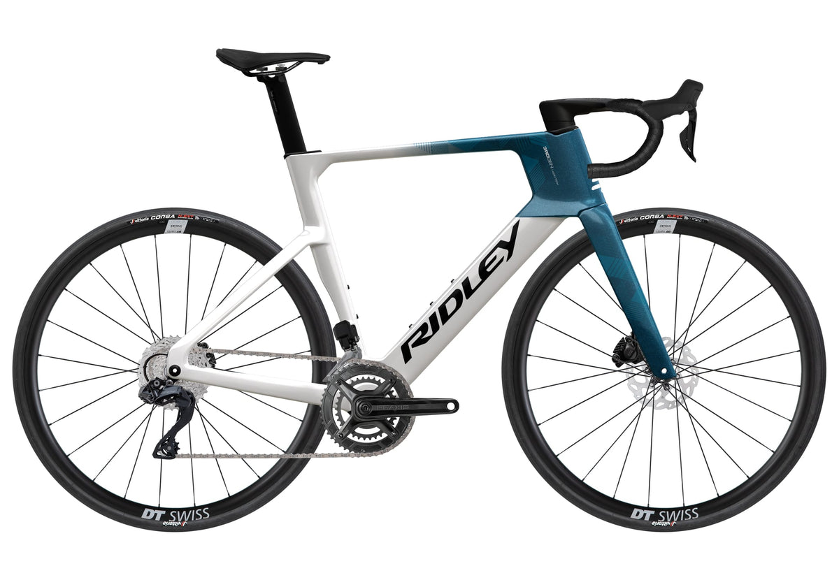 Ridley E-Noah Shimano 105 DI2 2x12 – White / Black / Petrol Blue Metallic