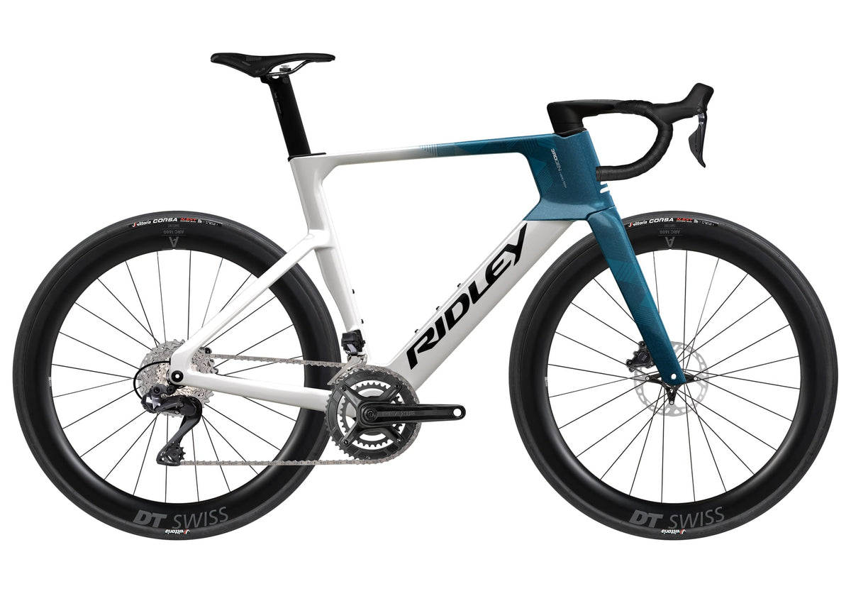 Ridley E-Noah Shimano Ultegra DI2 2x12 – White / Black / Petrol Blue Metallic