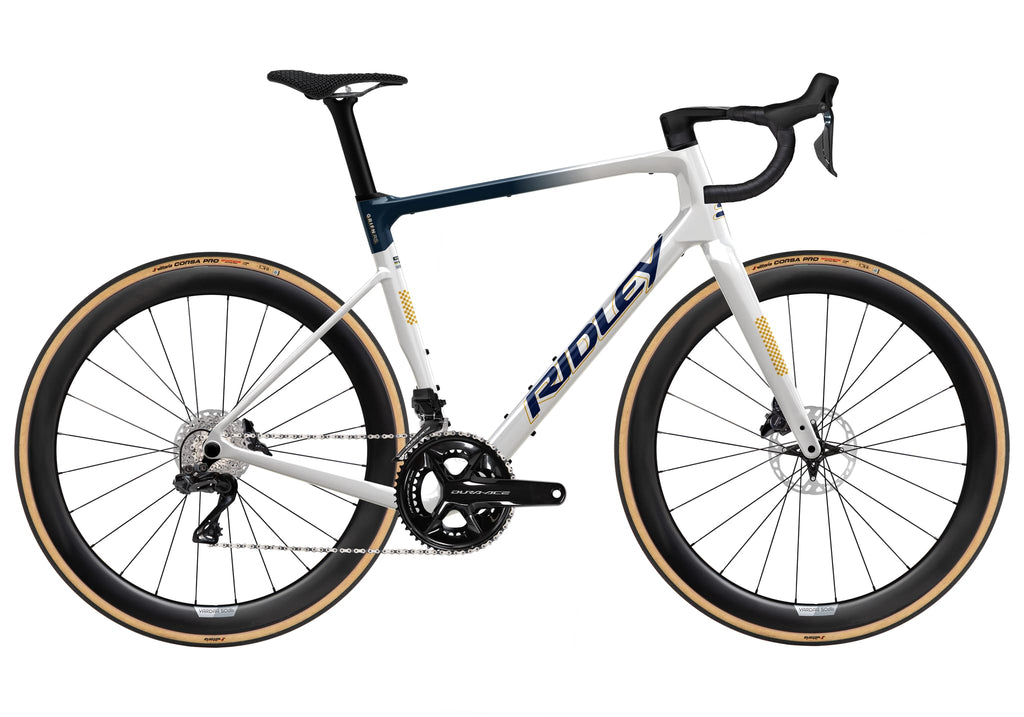 Ridley Grifn RS Road Shimano Dura Ace DI2 2x12 – Pearl White / Jeans Blue Metallic / Honey Gold