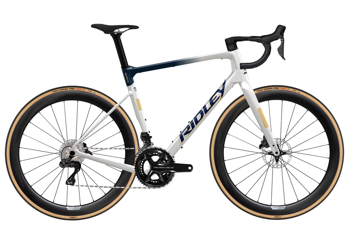 Ridley Grifn RS Road Shimano Dura Ace DI2 2x12 – Pearl White / Jeans Blue Metallic / Honey Gold